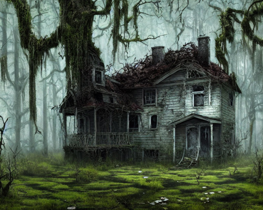 Abandoned two-story house in foggy forest with overgrown vegetation