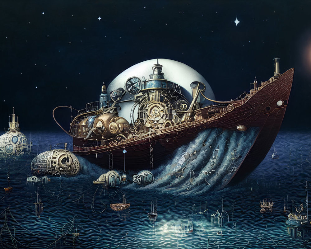 Intricate steampunk-style ship sailing starlit ocean