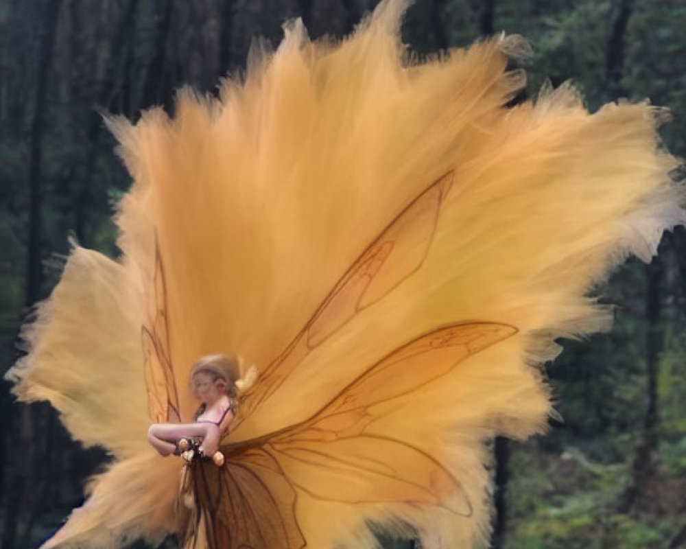 Misty forest scene with winged figure in yellow and brown