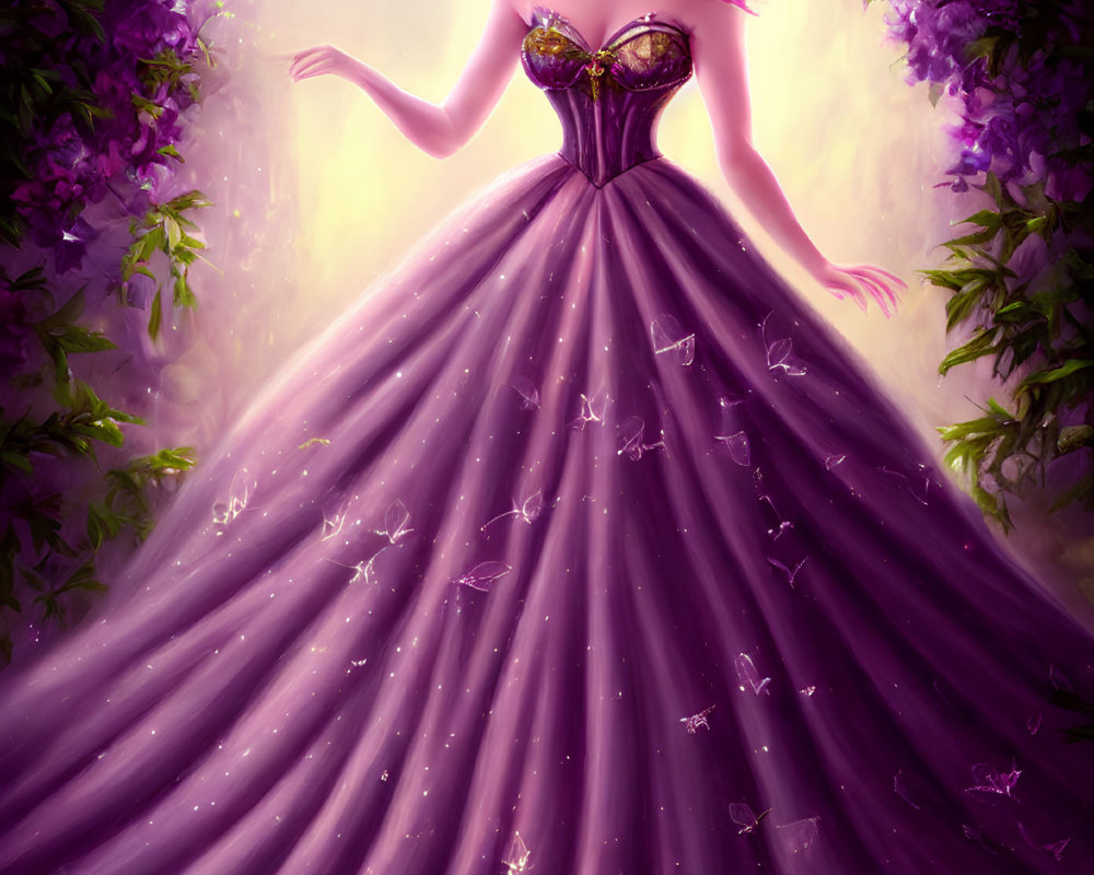 Woman in Glittering Purple Ballgown Surrounded by Magical Flowers