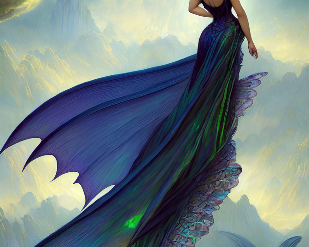 Woman in peacock-like winged dress on cliff with dragon in fantastical landscape