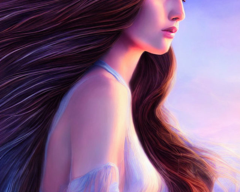 Illustrated portrait of woman with long flowing hair on purple background