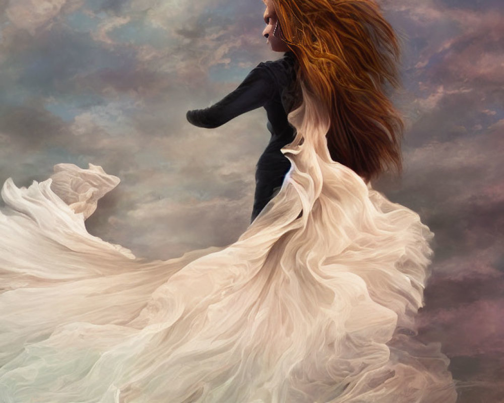 Woman in white dress with flowing hair under dramatic sky, man watching.