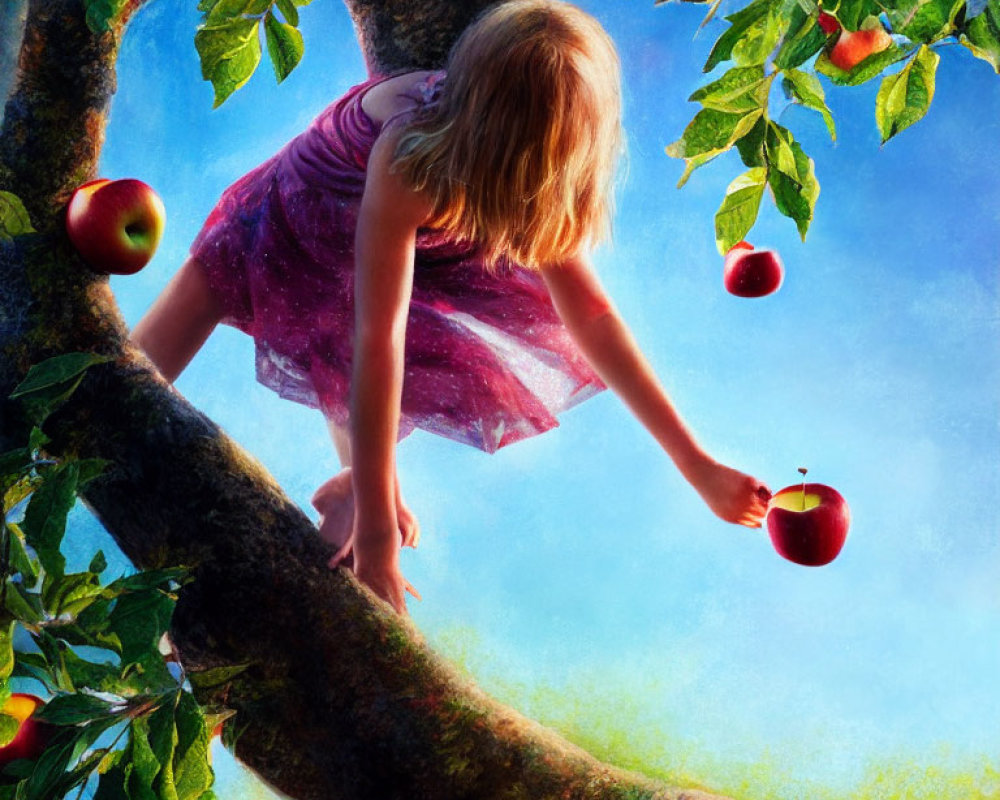 Young girl in purple dress reaching for red apple on tree branch under blue sky