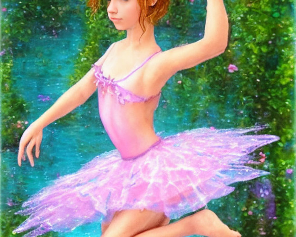 Digital artwork: Pixie character with curly hair in pink ballet costume among vibrant flowers