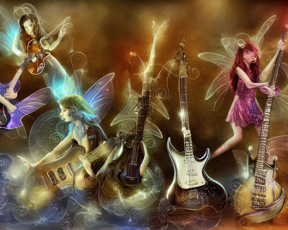 Fantasy fairies playing stringed instruments in vibrant setting