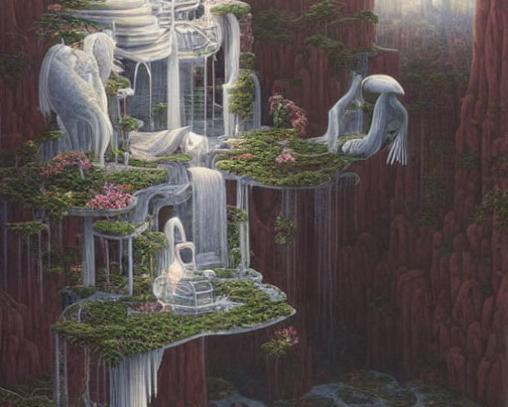 Vertical Fantasy Landscape with Waterfalls, Statues, Gardens in Canyon