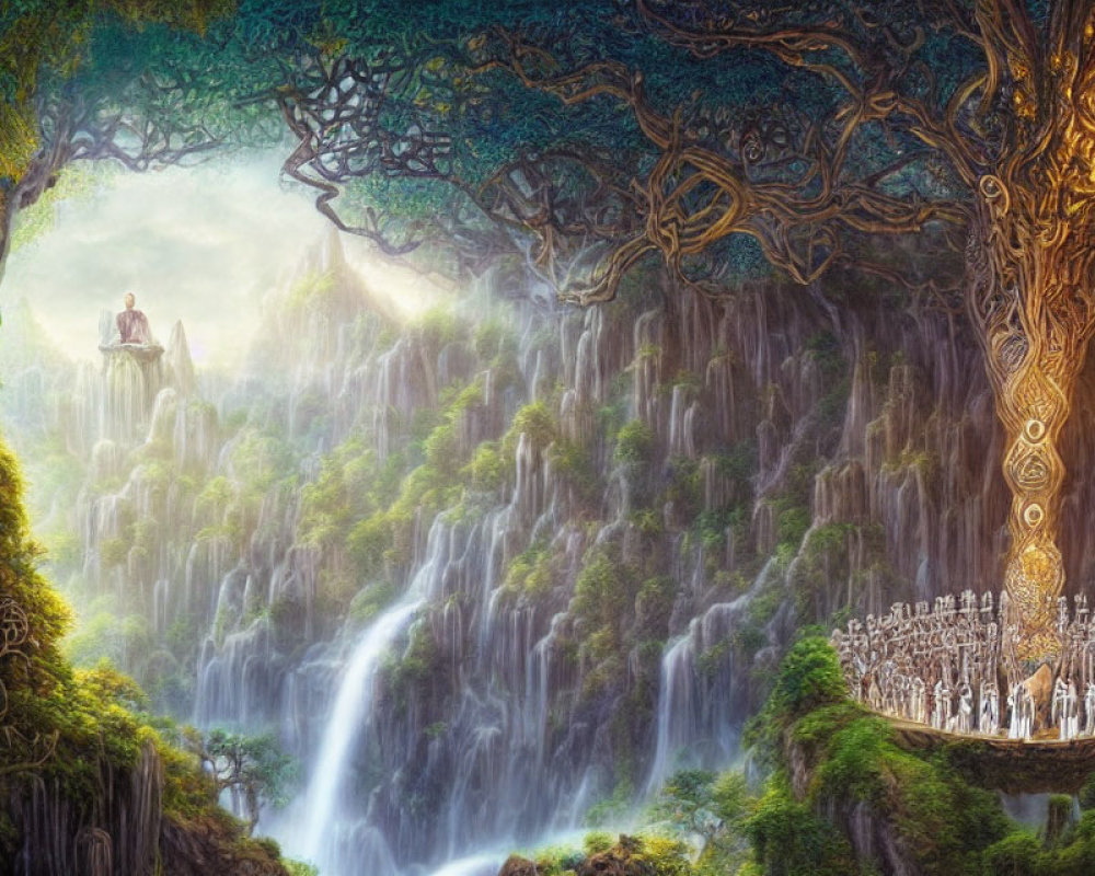 Mystical landscape with meditating figure, vibrant tree, waterfalls, river, and glowing tree