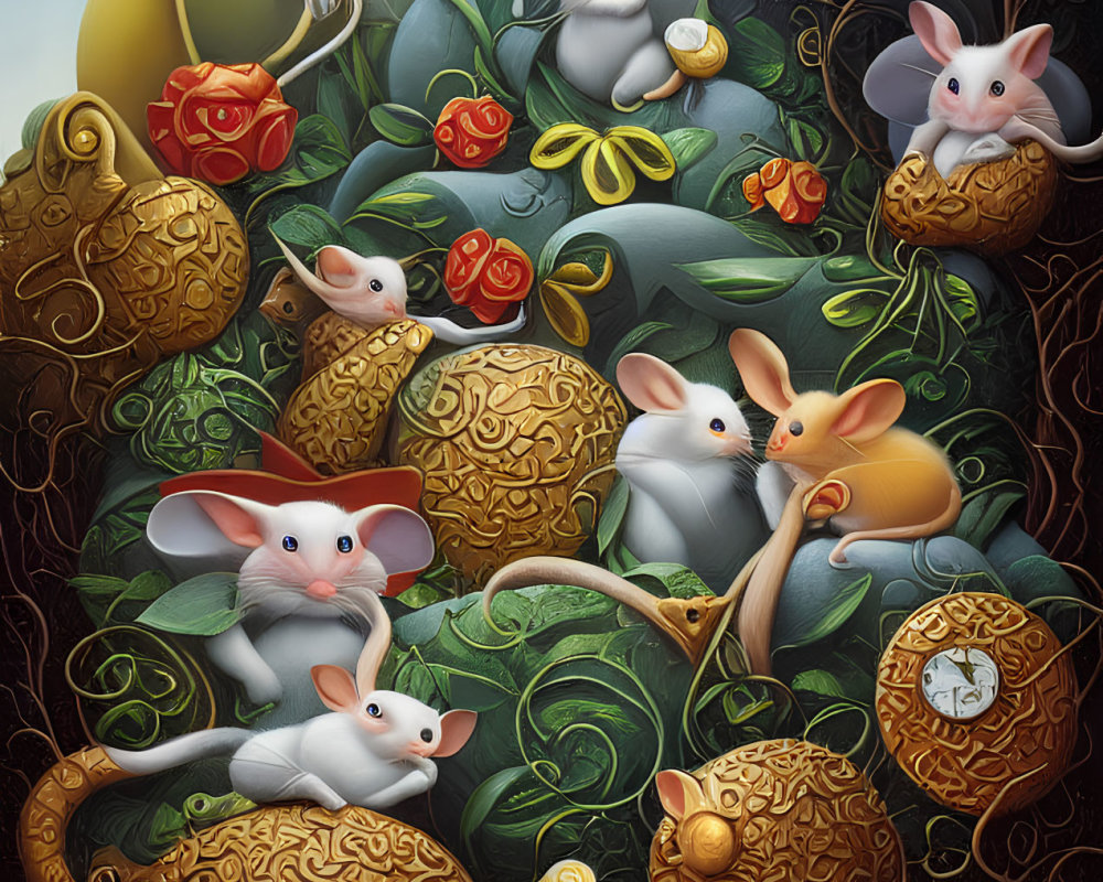 Fantasy-themed illustration with stylized mice, coins, roses, and a pocket watch