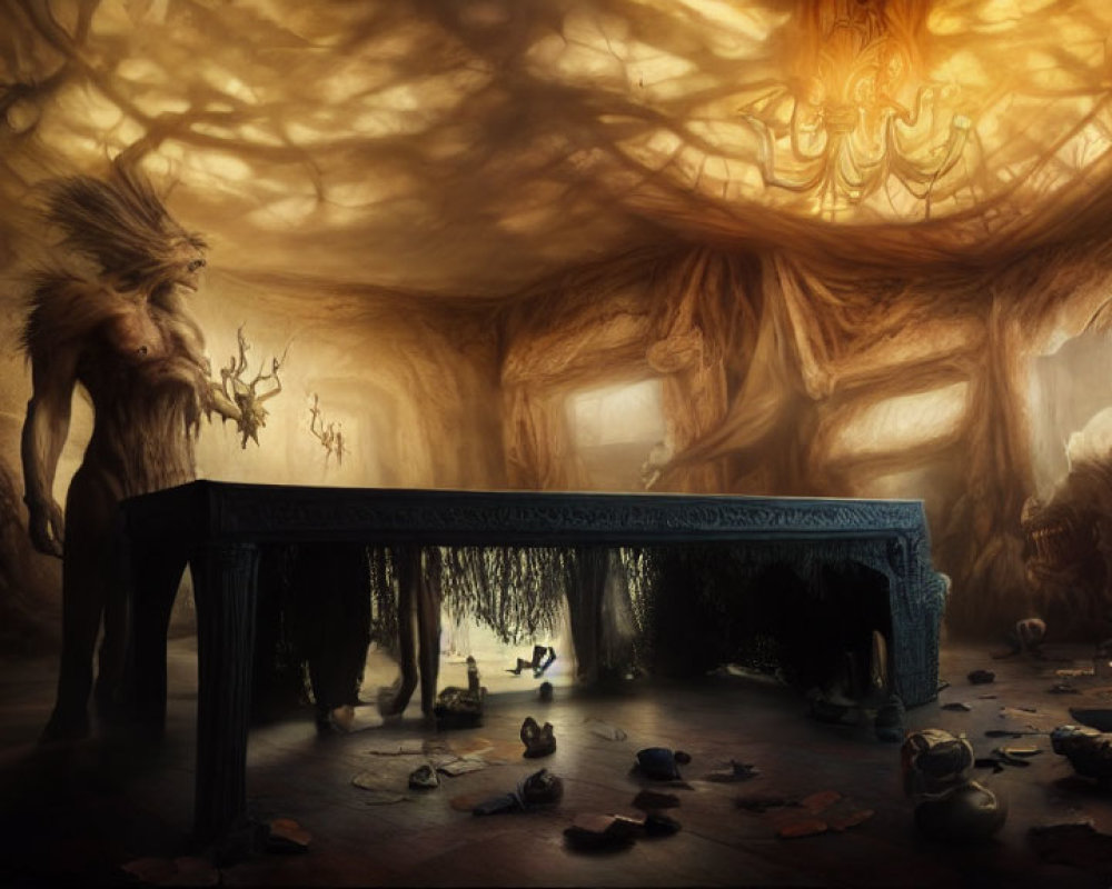 Fantastical room with twisted tree-like beings, eerie chandelier, stone table, and debris under