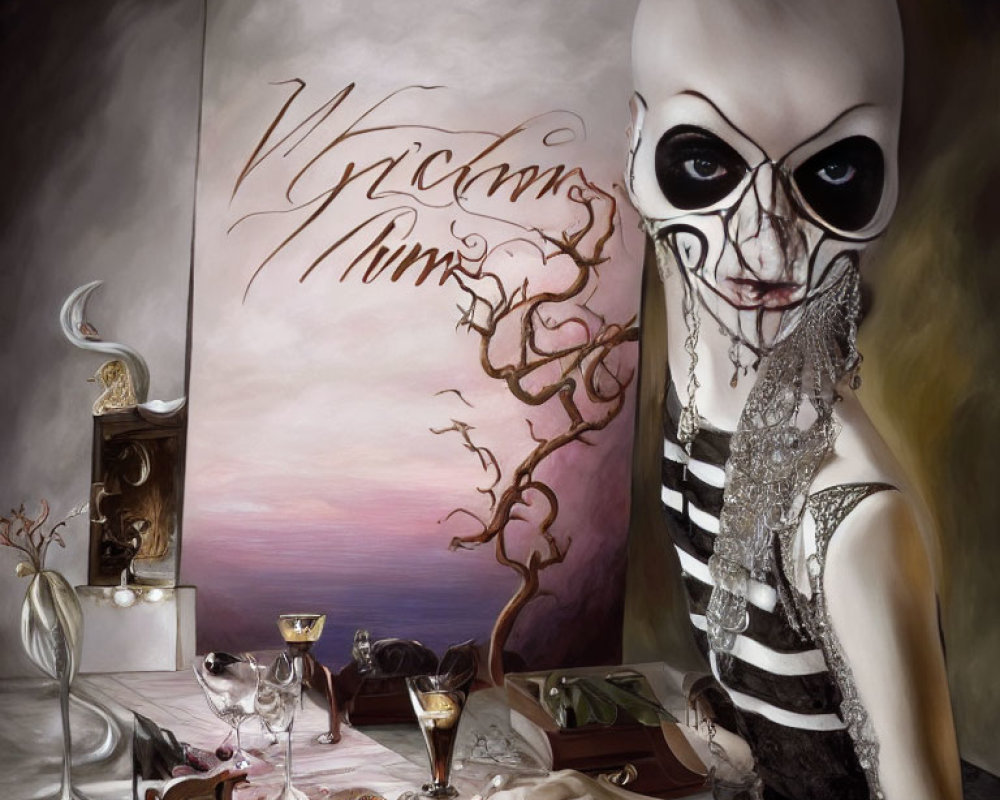 Surreal artwork: alien figure at decadent table setting