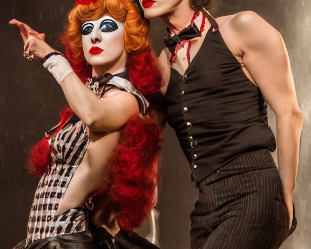 Theatrical performers in extravagant makeup and costumes pose in front of themed backdrop