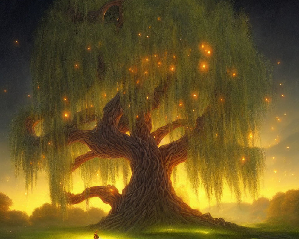 Majestic willow tree with warm lanterns illuminating tranquil nighttime scene