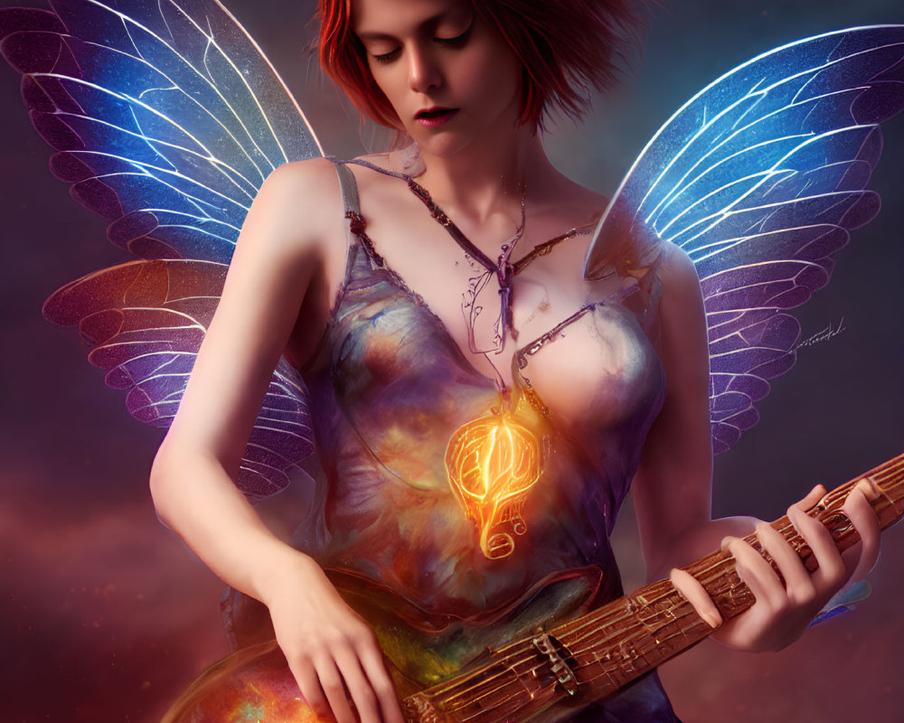 Fantasy digital art: Female figure with butterfly wings and cosmic background