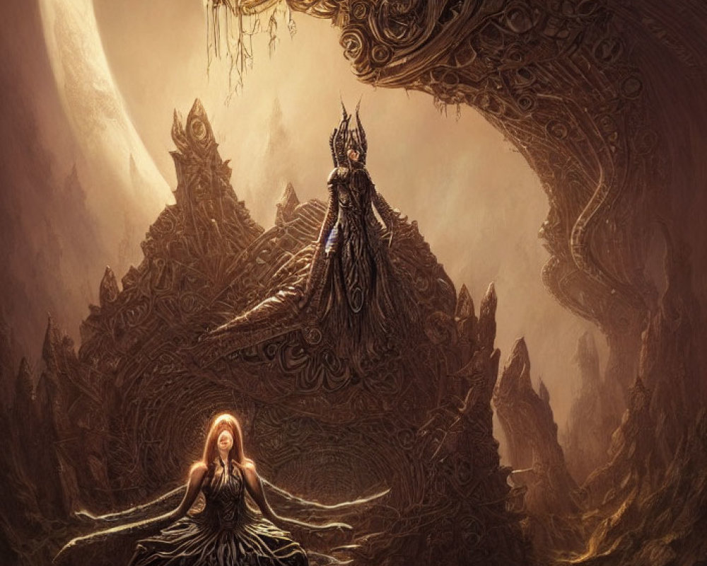 Fantasy artwork: Robed figure with glowing hands faces imposing throne in dark, intricate setting with cres