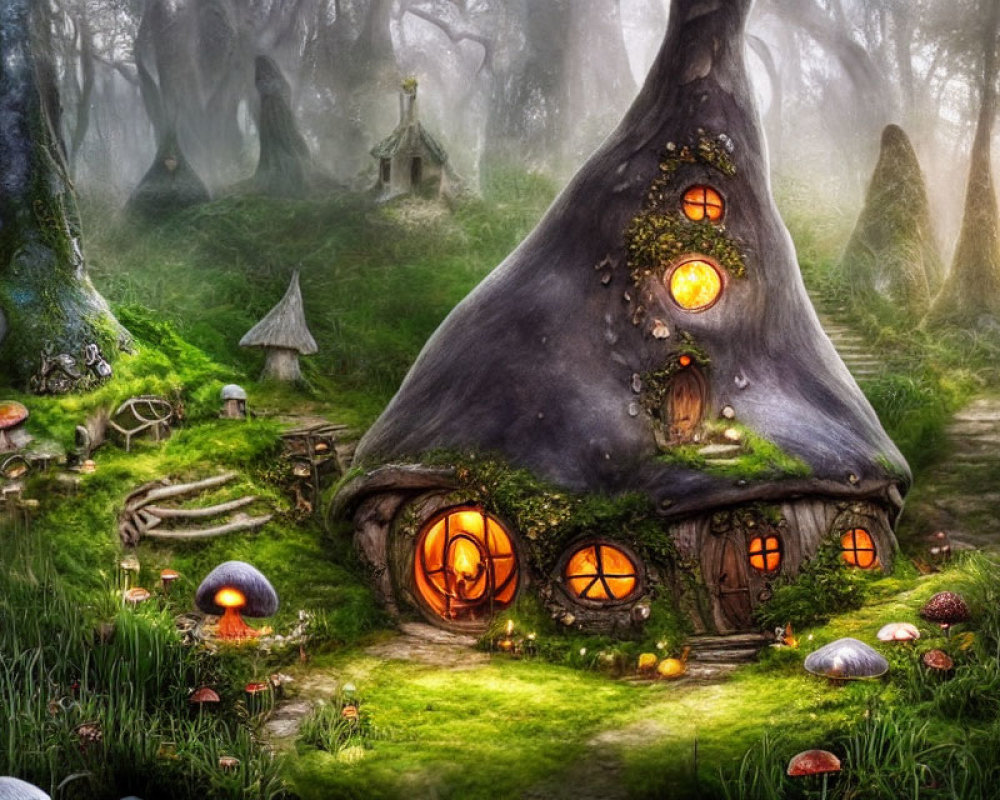 Fantasy illustration of mushroom-shaped house in mystical forest