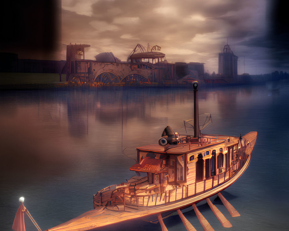 Illustration of paddleboat on tranquil river at surreal sunset