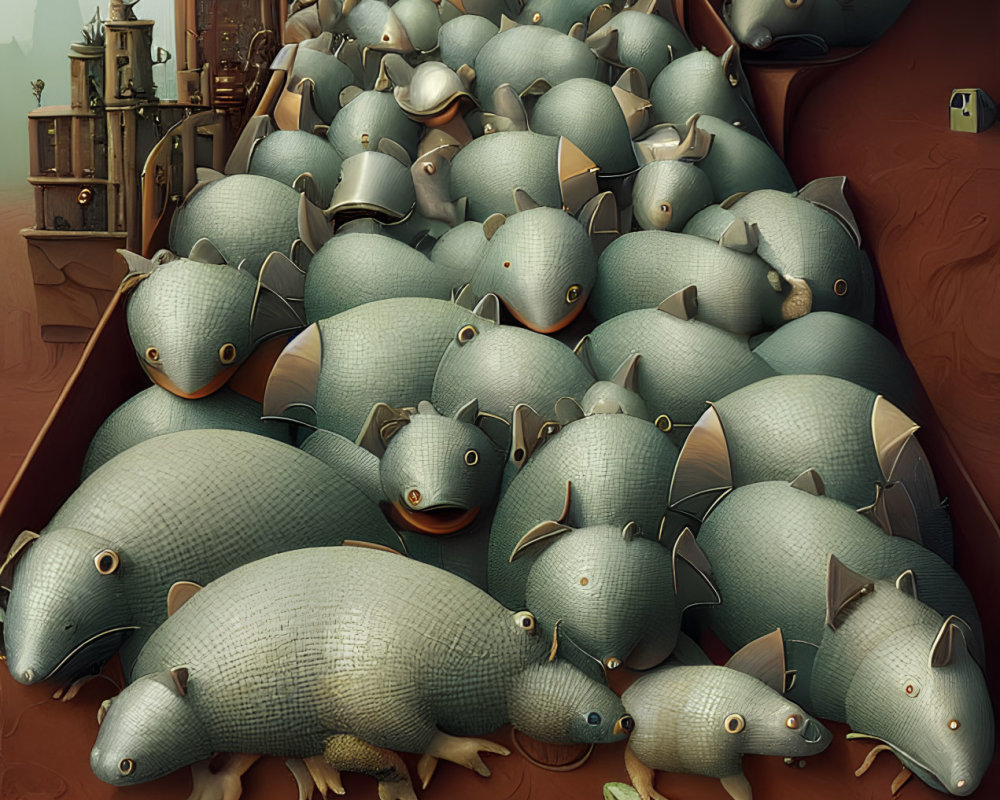 Illustration: Enormous pile of armor-clad fish with legs in surreal urban setting