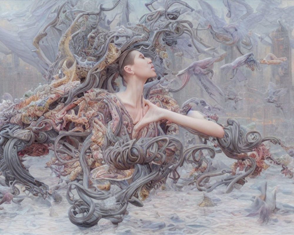 Elaborate surreal portrait of woman in ornate swirls against desolate landscape