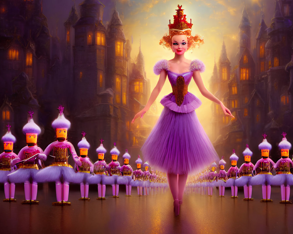 Purple Tutu Ballerina Performs with Toy Soldiers in Castle Setting