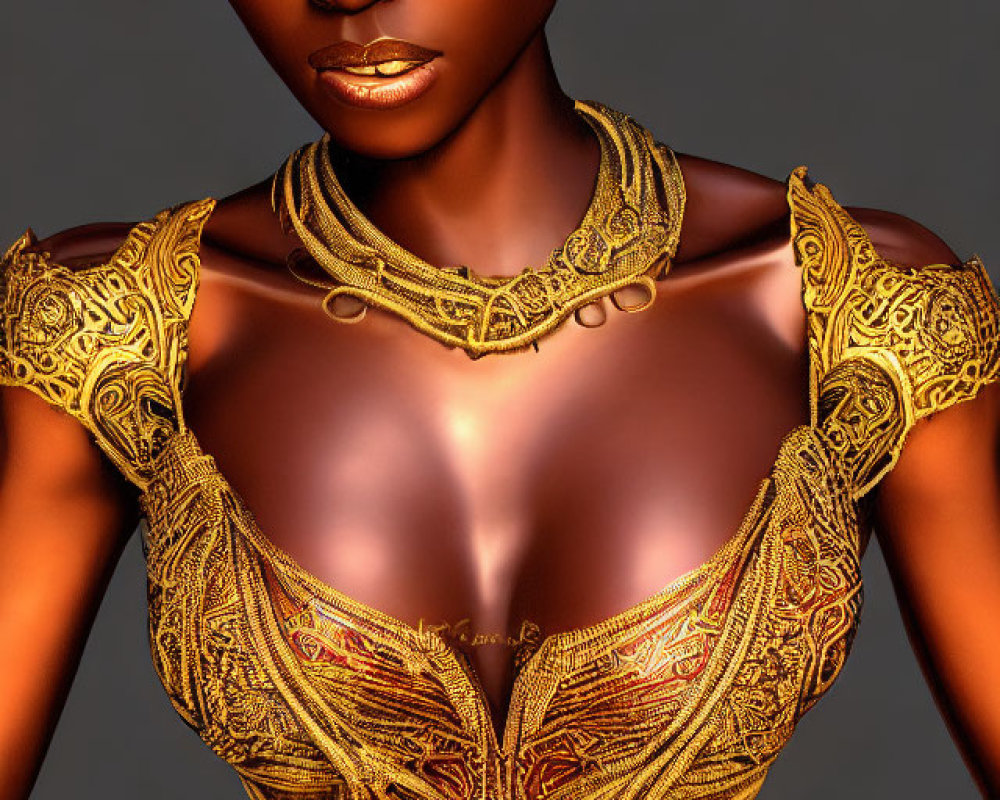 Digital art portrait of woman in golden armor with luminous skin