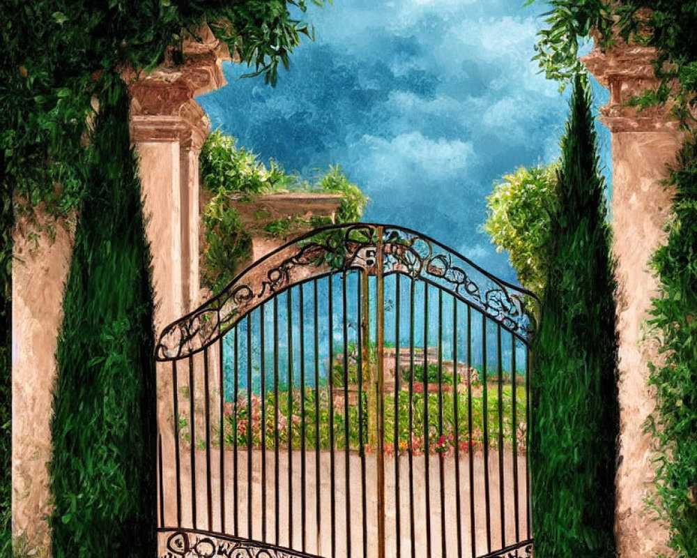 Verdant garden path framed by classical columns and wrought-iron gate