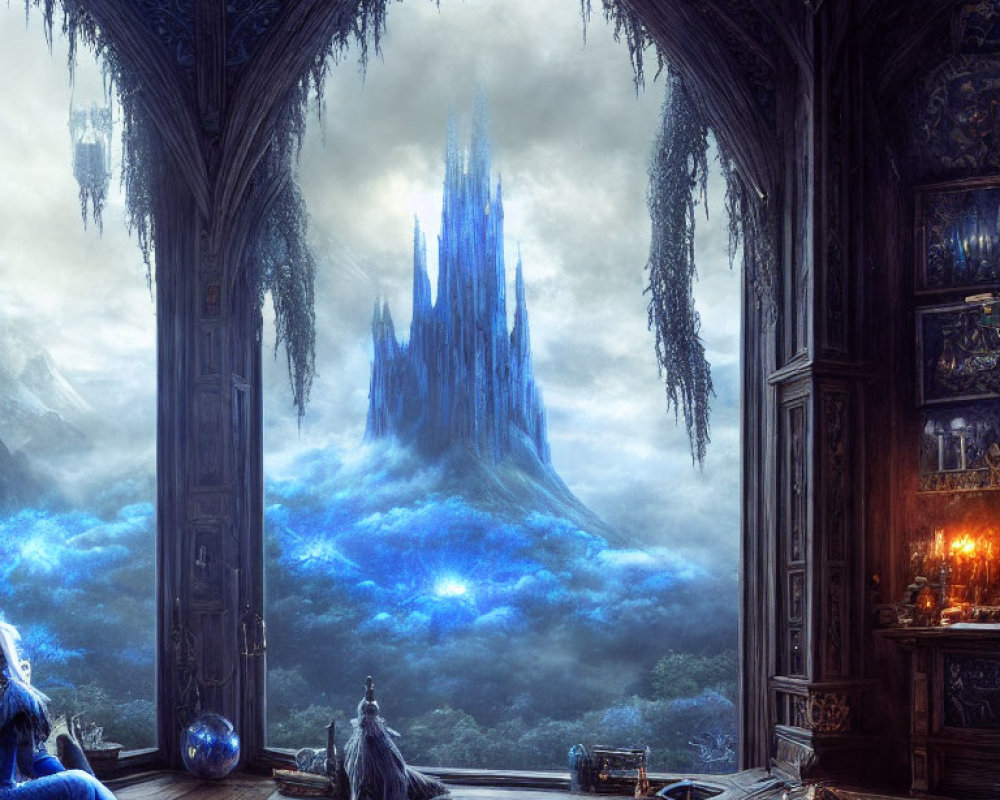 Mystical room with gothic architecture and magical landscape featuring crystal spire and blue clouds