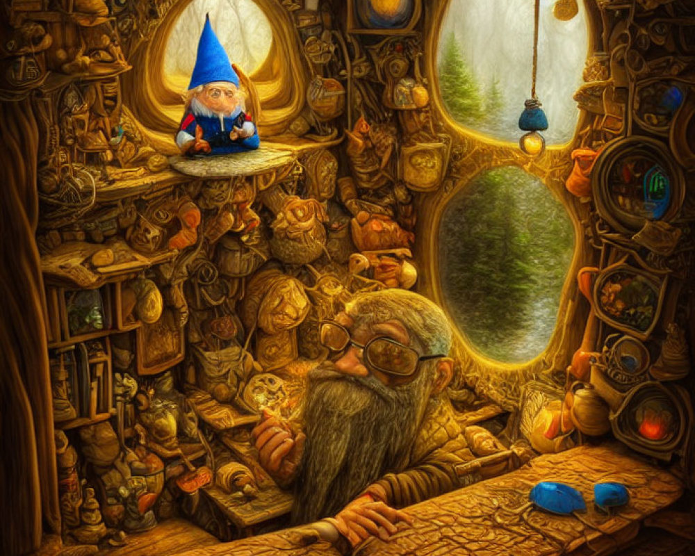 Detailed illustration of gnomes in a cluttered wooden room