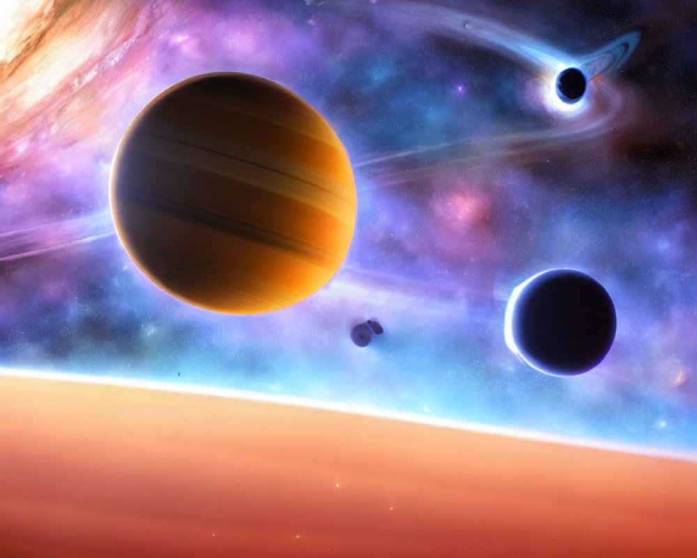 Colorful cosmic scene with large orange planet, dark planet, floating rocks, comet, and starry