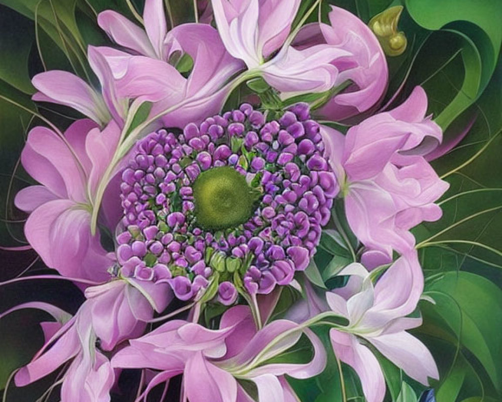 Colorful painting of purple flower, butterflies, and snail in green foliage