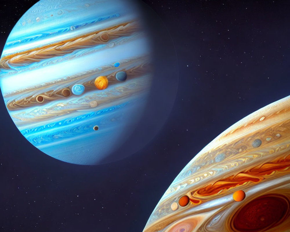 Colorful depiction of Jupiter and moon Io with swirling clouds and Great Red Spot