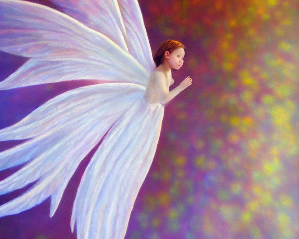 Ethereal fairy with large wings in starry, colorful setting