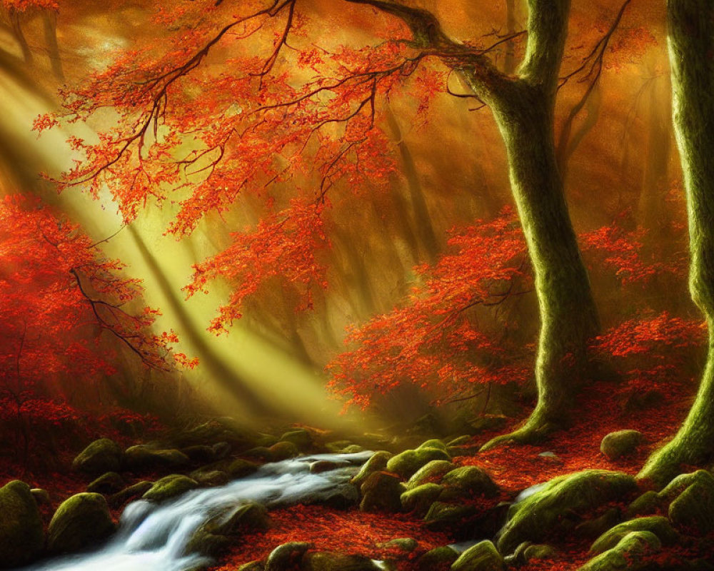 Autumn forest scene with sunlight, stream, red and orange leaves