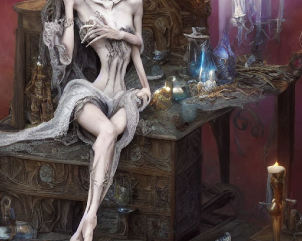 Skull-headed figure lounges on throne in mystical setting