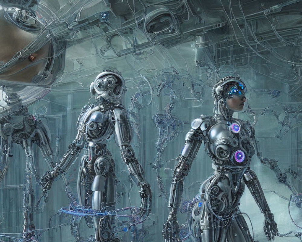 Three futuristic robots in high-tech facility with intricate cabling and mechanical structures.