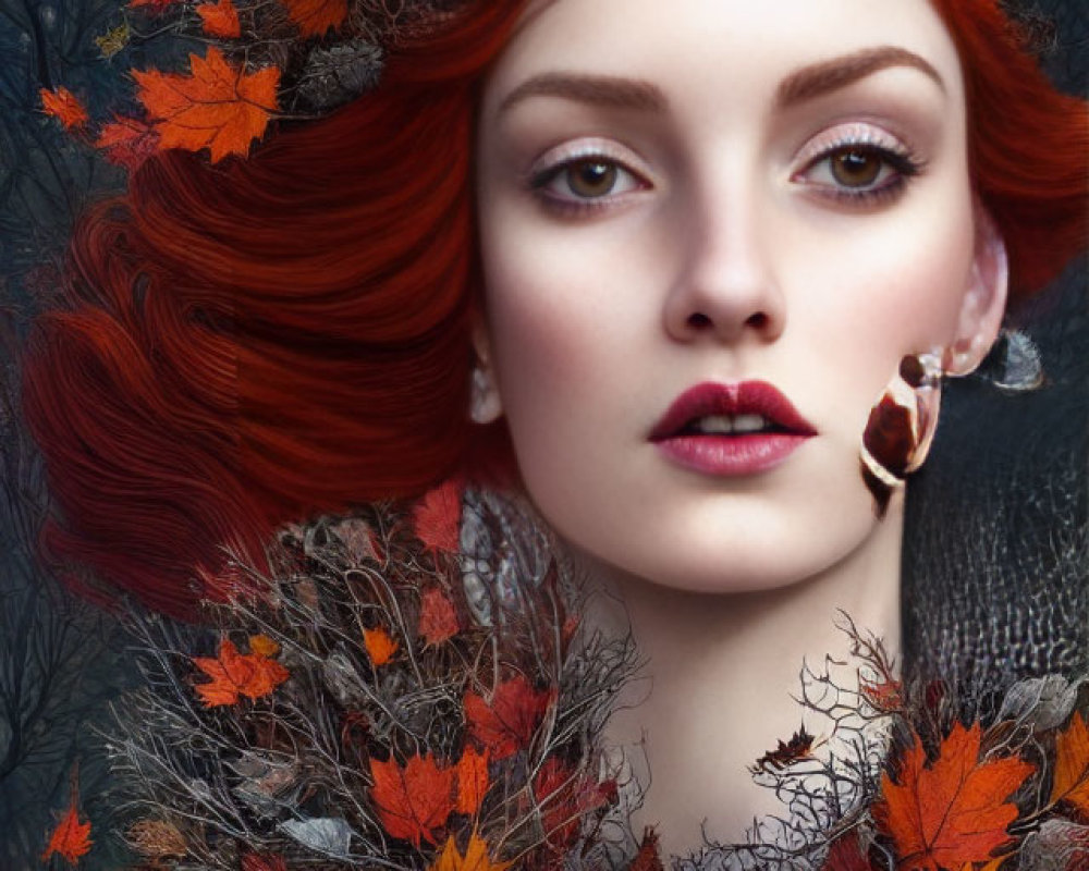 Vibrant red-haired woman with autumn leaves, serene expression, and nature theme.