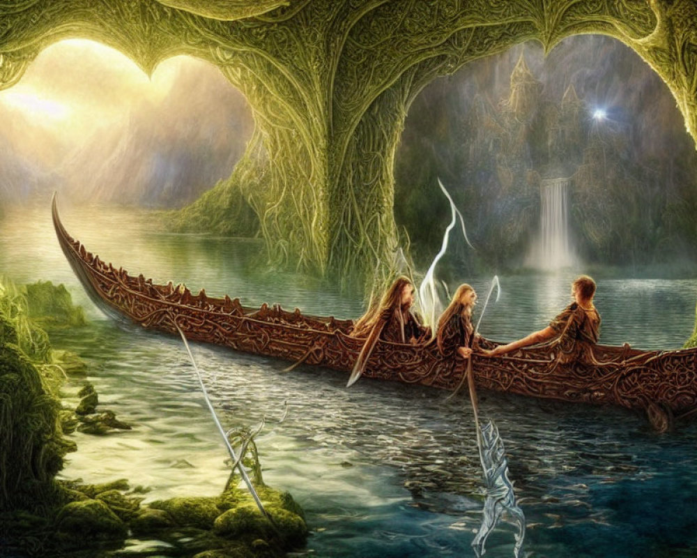 Fantasy scene: Three people rowing in ornate boat under heart-shaped archway.