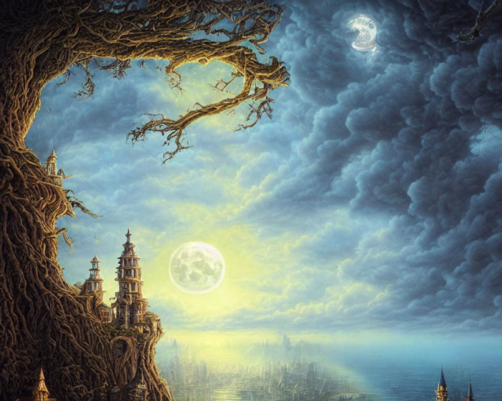 Nighttime landscape with massive tree, moons, clouds, and illuminated castle.