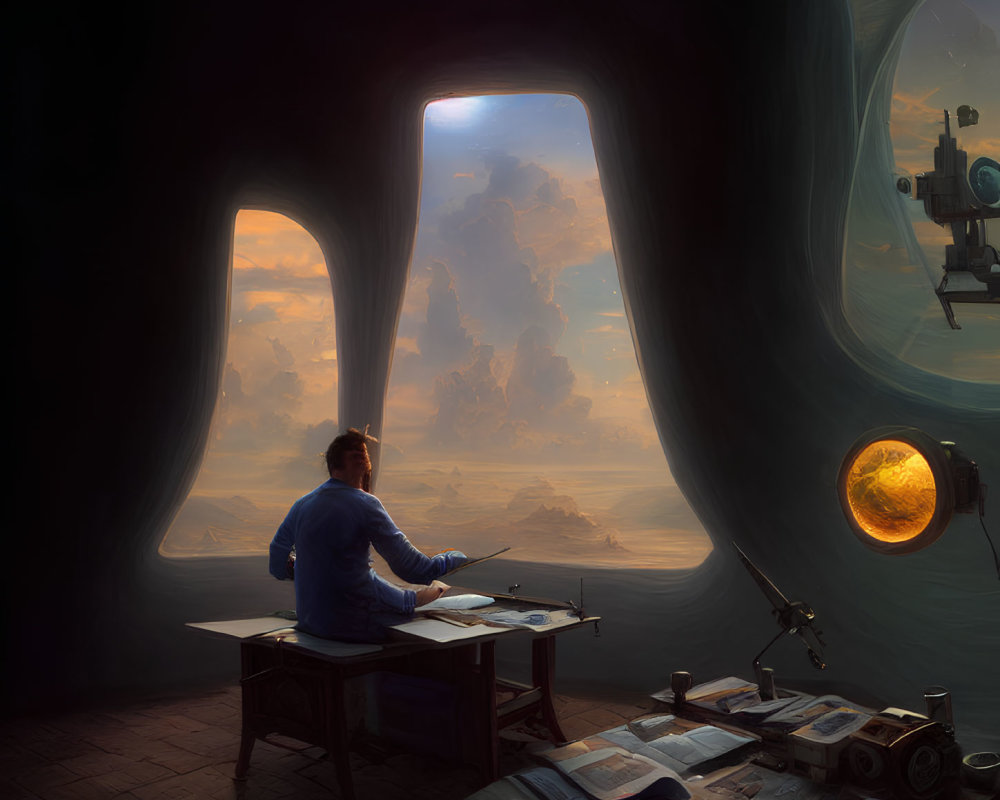 Person at desk with telescope and papers in room with surreal sky view