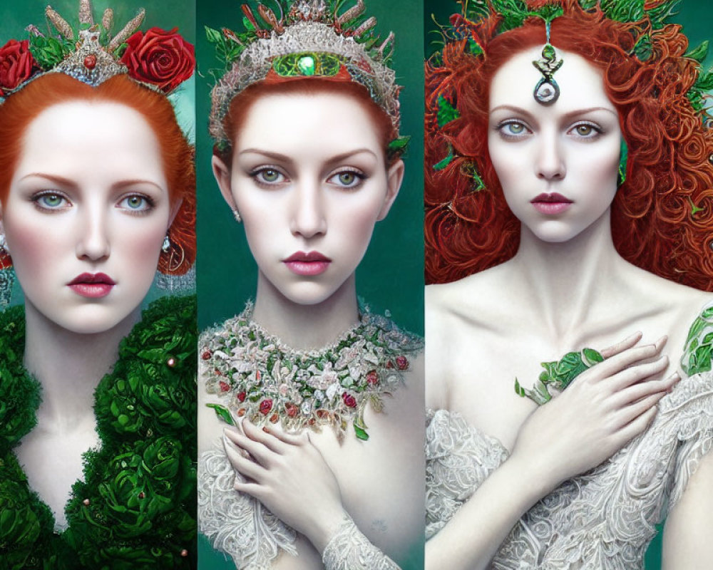 Three portraits of a woman with red hair and green-themed ornate headpieces and floral-patterned clothing