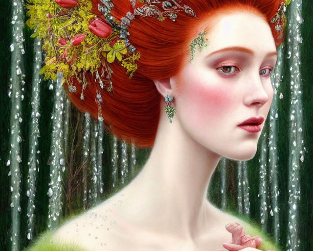 Vibrant red-haired woman with floral adornments in greenery setting