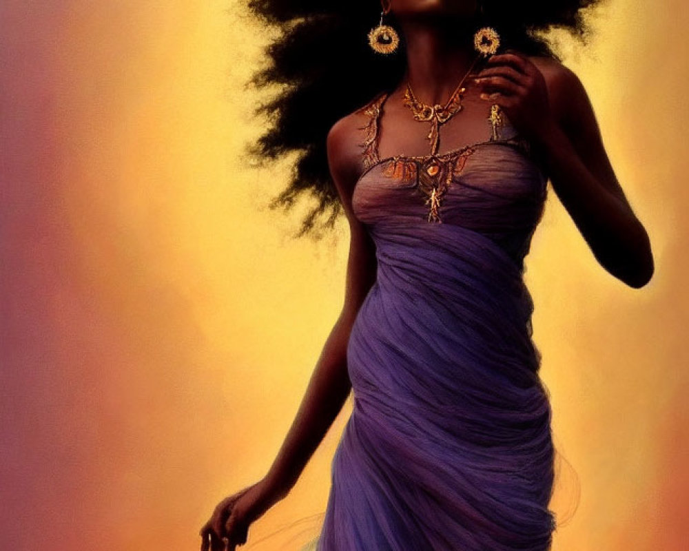 Voluminous hair woman in purple dress with golden jewelry