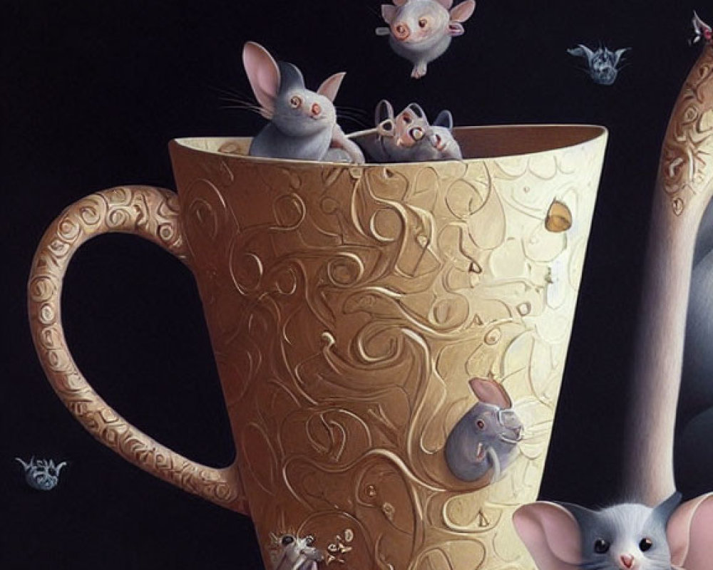 Whimsical painting of adorable mice with golden teacup