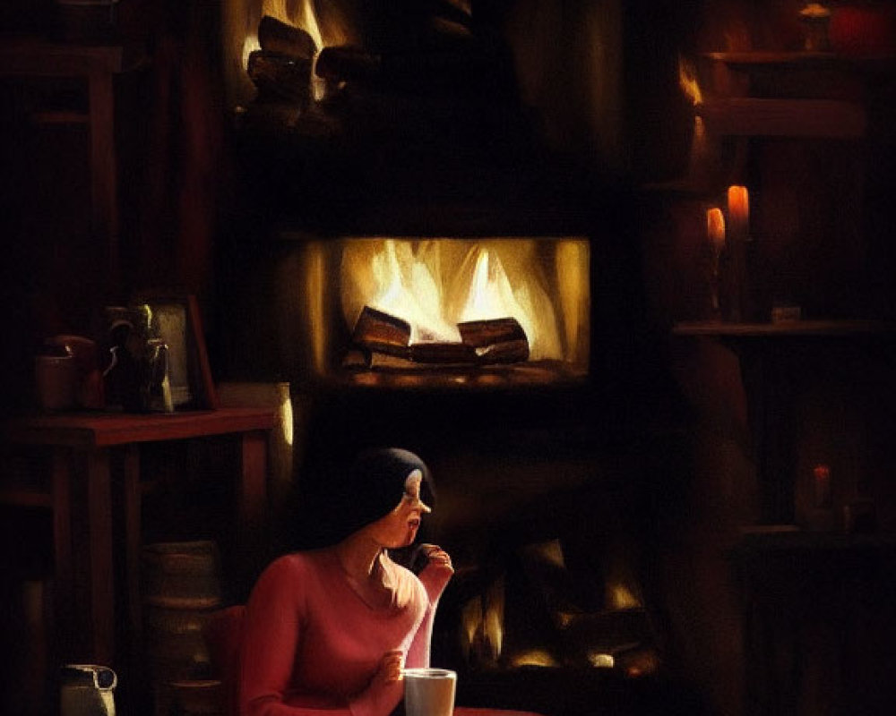 Cozy scene of person in red sweater by fireplace