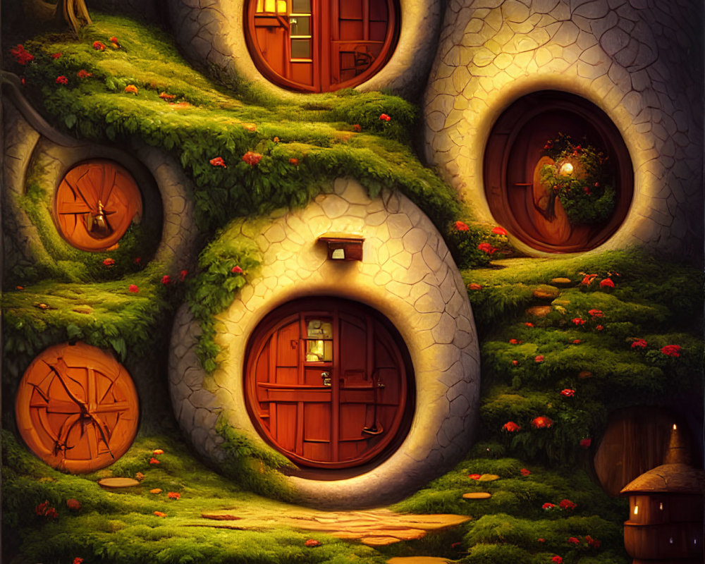 Magical treehouse with round doors, windows, stone pathway, and warm lights