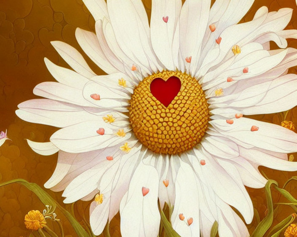 Stylized white daisy with red heart and golden background