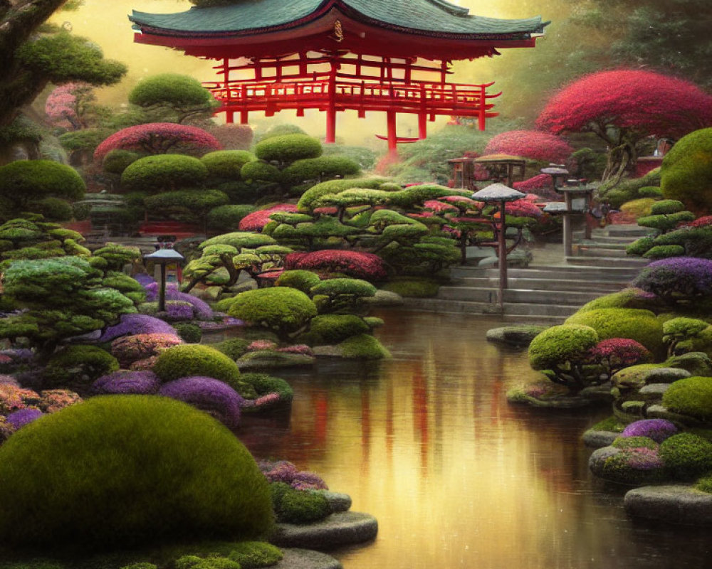 Tranquil Japanese garden with pond, pagoda, and lush shrubbery