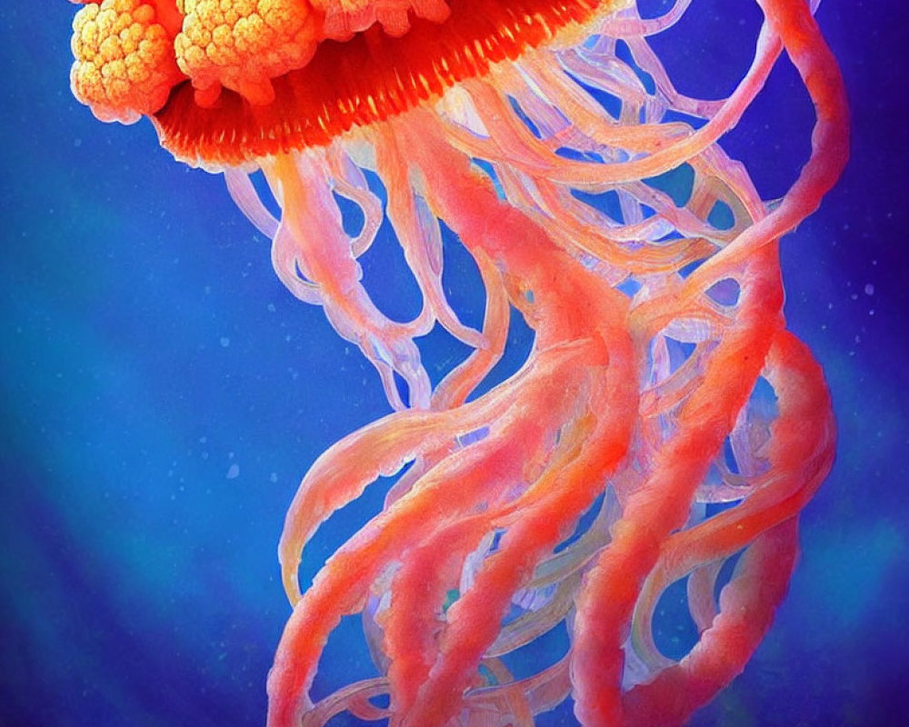 Colorful Orange Jellyfish in Deep Blue Ocean Background