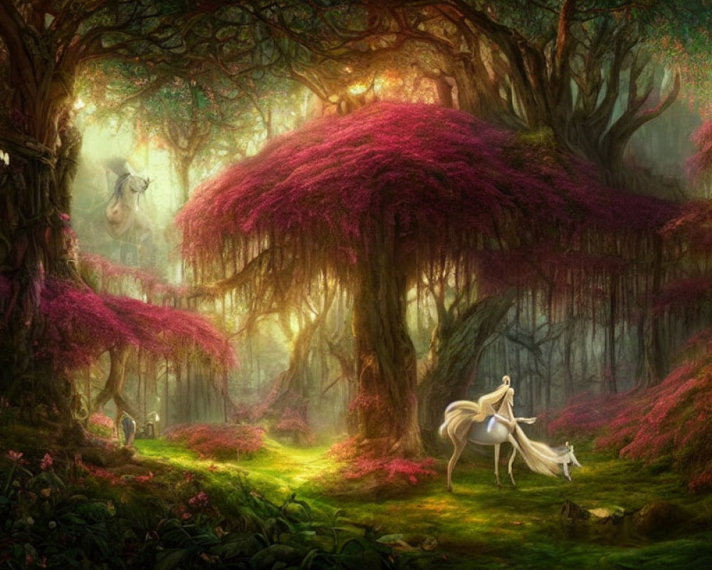 Ethereal forest scene with white unicorn under pink canopied trees