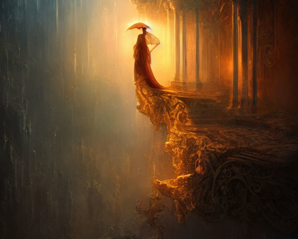 Woman in red dress with umbrella in surreal golden-lit baroque corridor